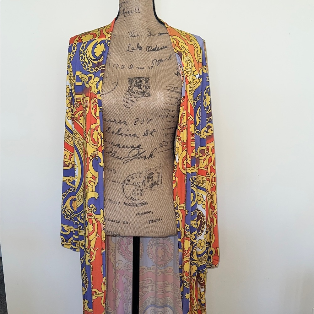 Vibrant Baroque Print Open Front Women's Top - Orange & Blue